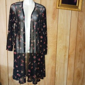 Soft Stitch Black Floral Mesh Open Front Long LineTop